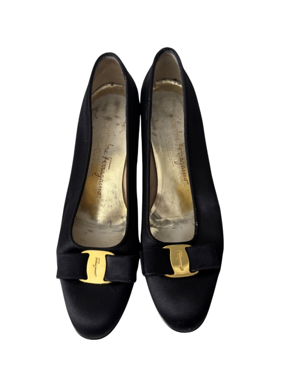 Salvatore Ferragamo | Black Satin Vara Bow Pumps with Gold Plaque | Size 9